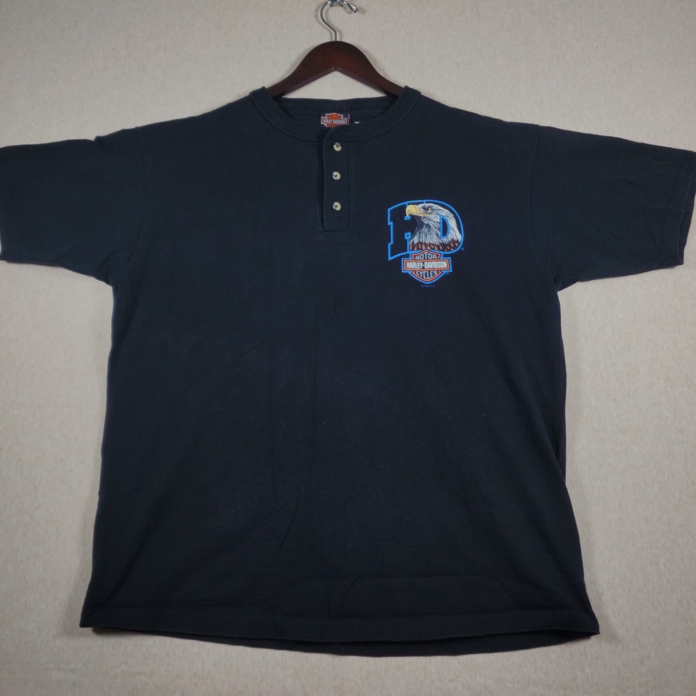 Harley Davidson USA Made Eagle Henley Shirt Mens XL Black Jims St Petersburg FL